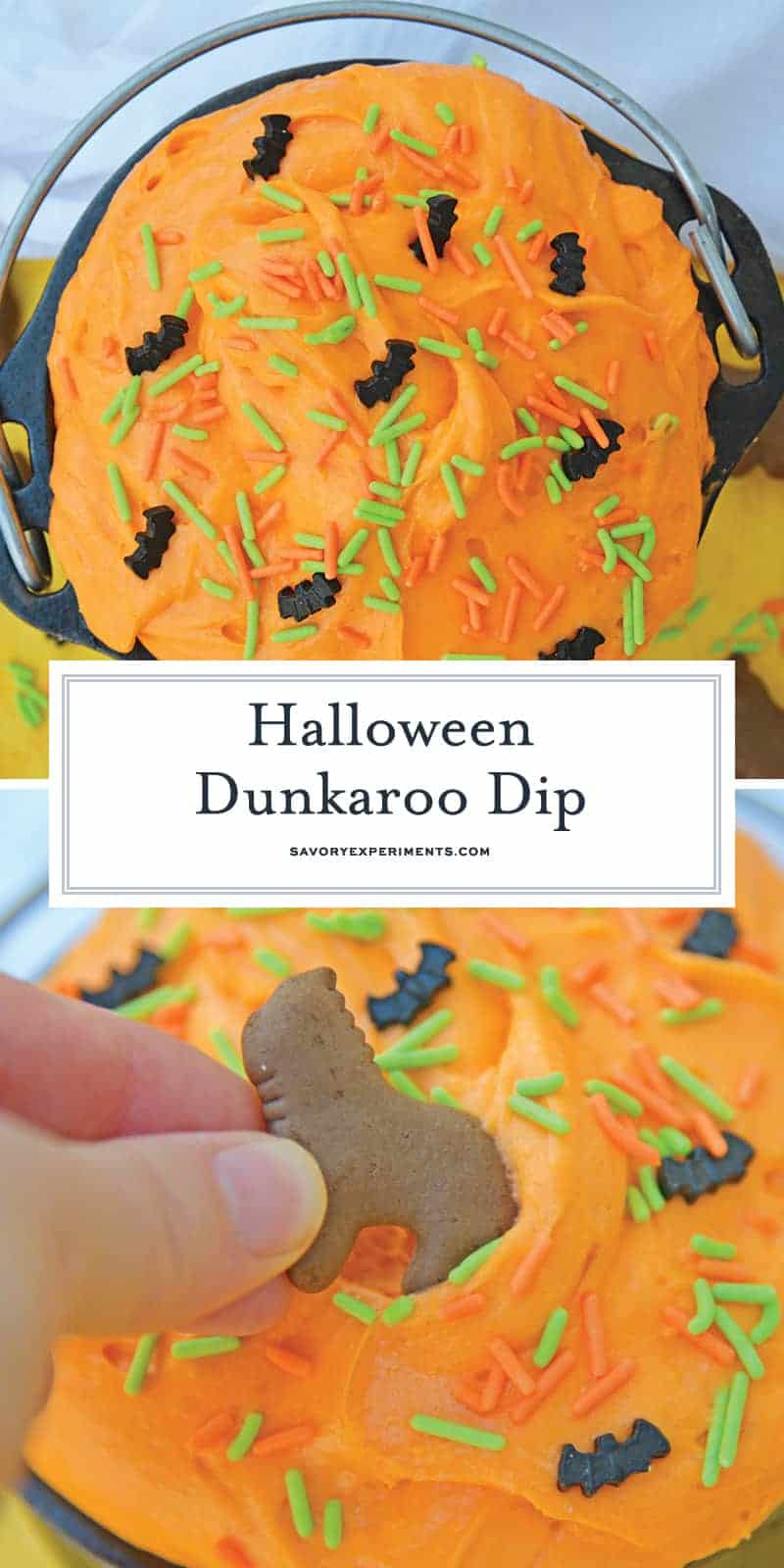 Halloween Dunkaroo Dip is a quick and easy cake batter dip that will become one of your go-to recipes for Halloween parties. #dunkaroodip #cakebatterdip www.savoryexperiments.com 