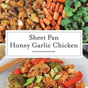 Sheet Pan Honey Garlic Chicken is an easy sheet pan dinner that's packed with flavor. An easy chicken recipe ready in just 30 minutes. #sheetpanmeals #honeygarlicchicken #easychickenrecipe www.savoryexperiments.com