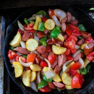Hot mess skillet in a cast iron skillet