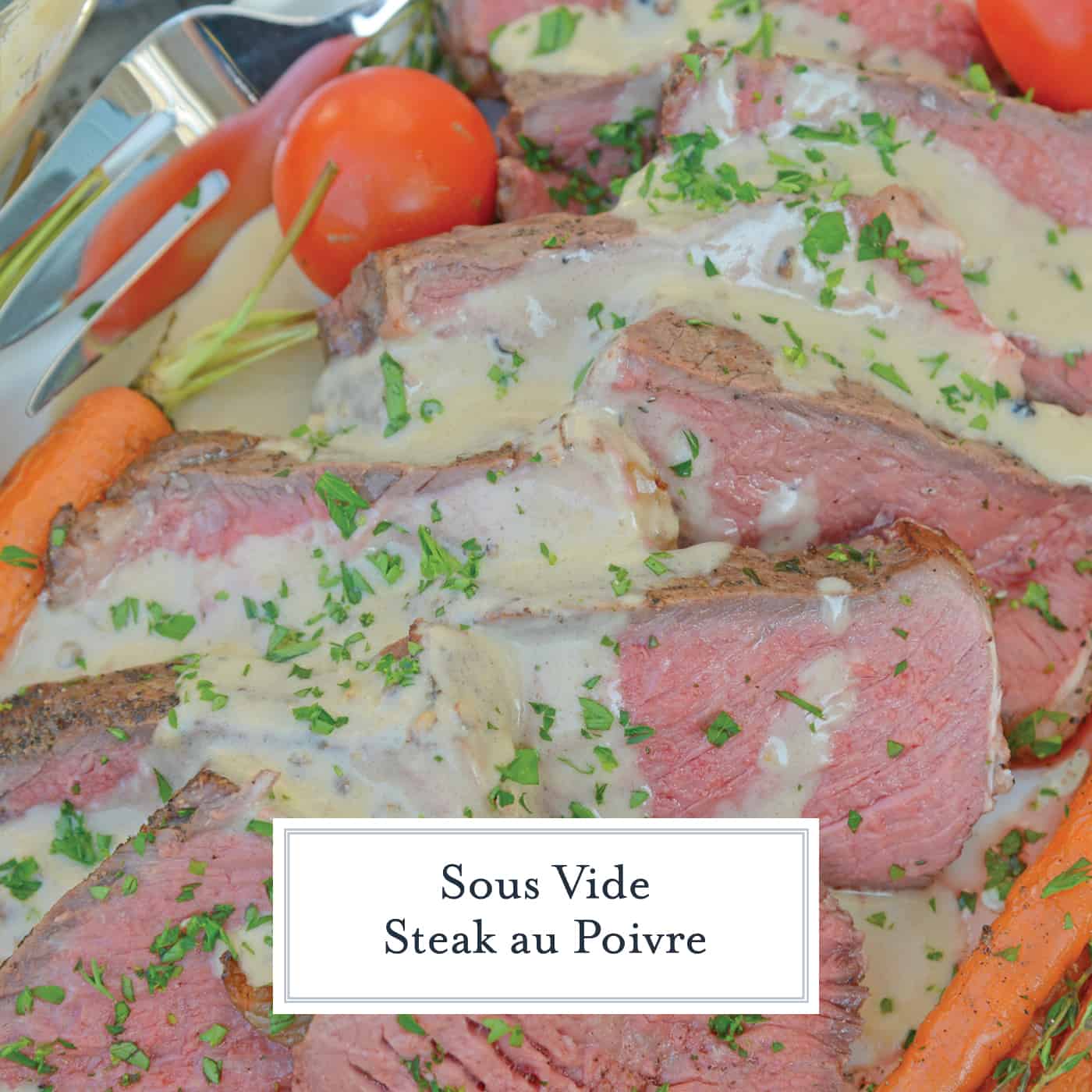 Sous Vide Steak Au Poivre is a sous-vide steak recipe worthy of an easy weeknight meal or a special occasion. New York strip is cooked to the perfect temperature and smothered in a creamy Au Poivre Peppercorn Sauce. #sousvidesteak #steakaupoirve www.savoryexperiments.com 