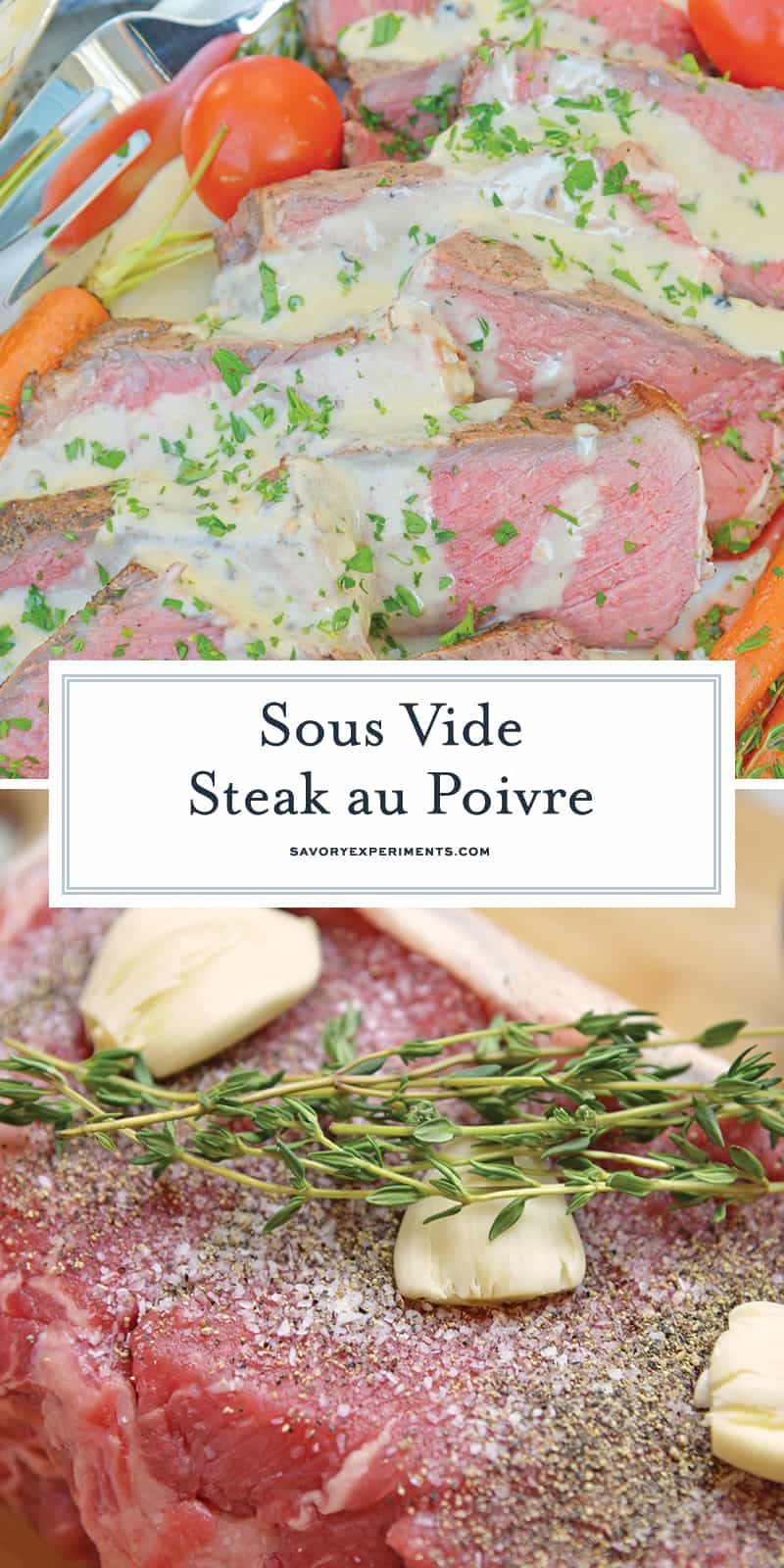 Sous Vide Steak Au Poivre is a sous-vide steak recipe worthy of an easy weeknight meal or a special occasion. New York strip is cooked to the perfect temperature and smothered in a creamy Au Poivre Peppercorn Sauce. #sousvidesteak #steakaupoirve www.savoryexperiments.com 