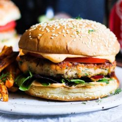 Salmon dill burger with sweet potato fries