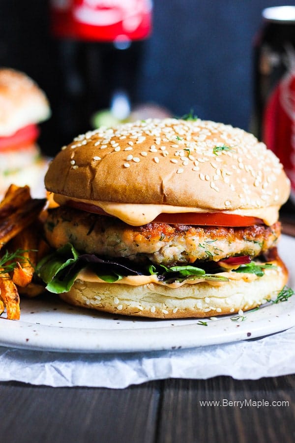 Salmon dill burger with sweet potato fries