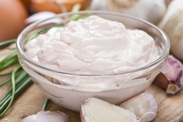 angled shot of bowl of aioli