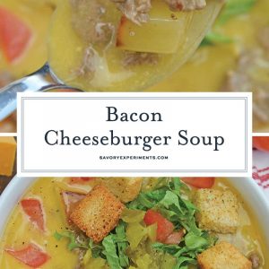 Bacon Cheeseburger Soup takes classic Cheeseburger Soup and adds BACON! Your favorite comfort food in soup form, does it get any better? #baconcheeseburgersoup #cheeseburgersoup www.savoryexperiments.com