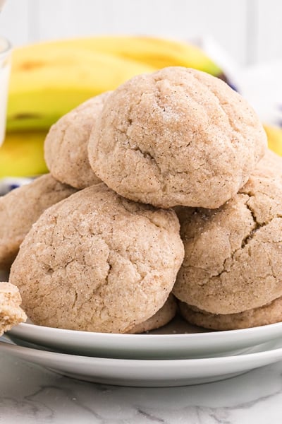 pile of banana cookies on a white plate