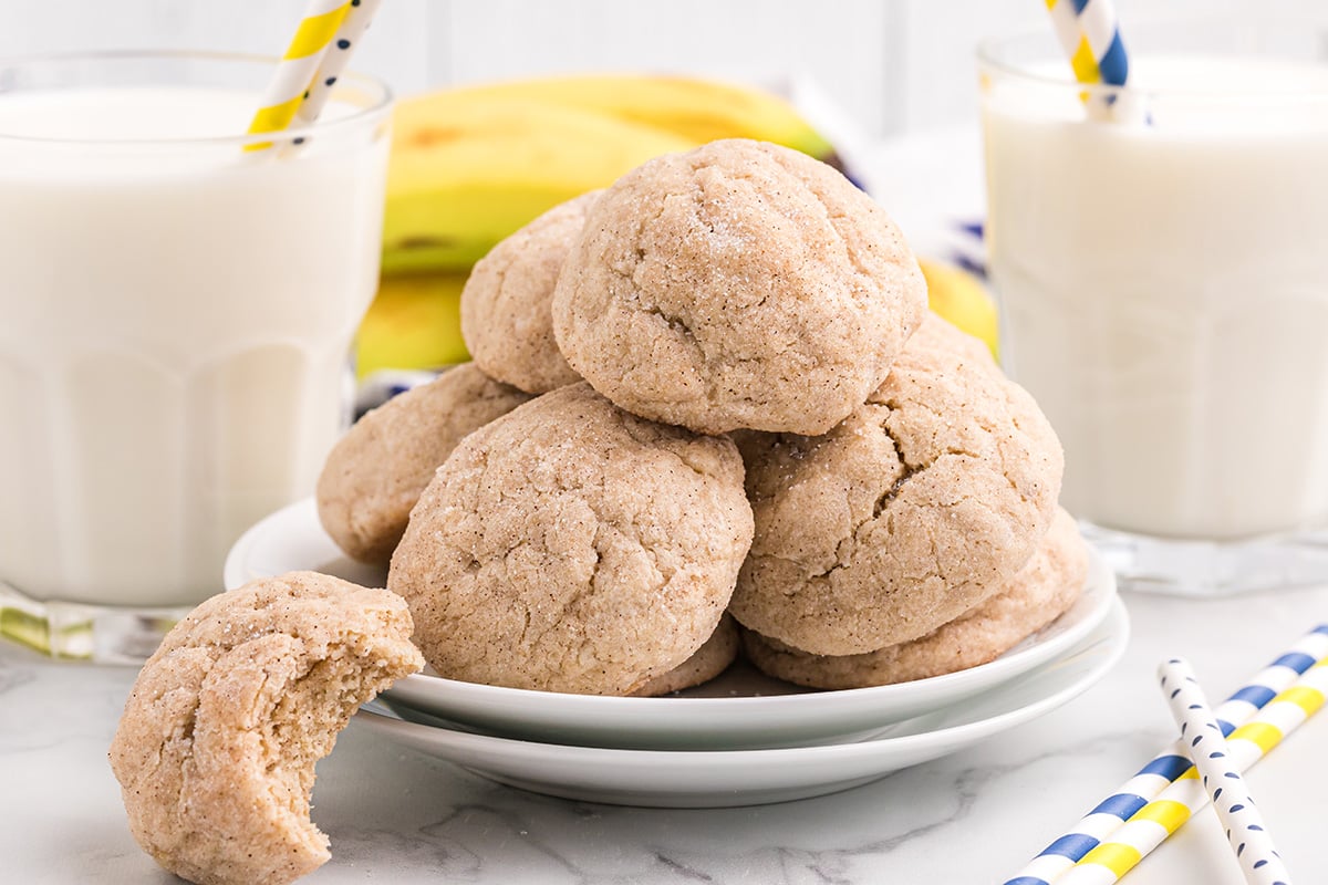 pile of banana cookies on a white plate