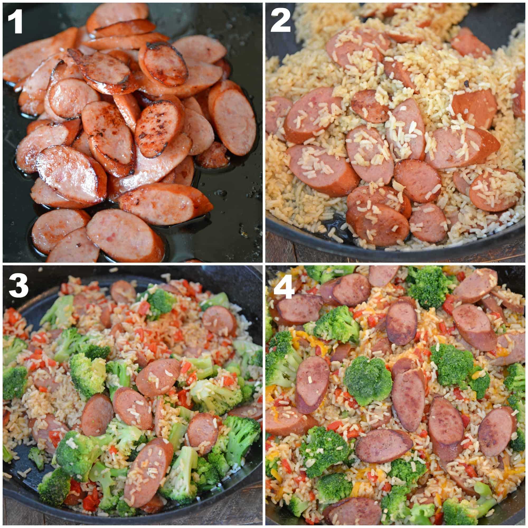 Sharp cheddar cheese tossed with rice, broccoli florets, roasted red pepper and tender Eckrich Smoked Sausage. Dinner is ready in just 15 minutes! #easydinnerideas #skilletmeals #onepandinner www.savoryexperiments.com 