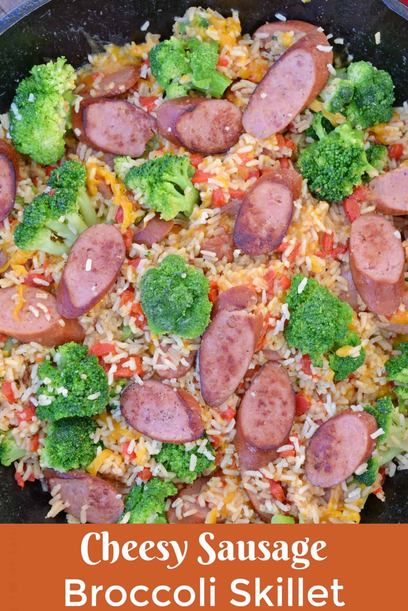 Sharp cheddar cheese tossed with rice, broccoli florets, roasted red pepper and tender Eckrich Smoked Sausage. Dinner is ready in just 15 minutes! #easydinnerideas #skilletmeals #onepandinner www.savoryexperiments.com