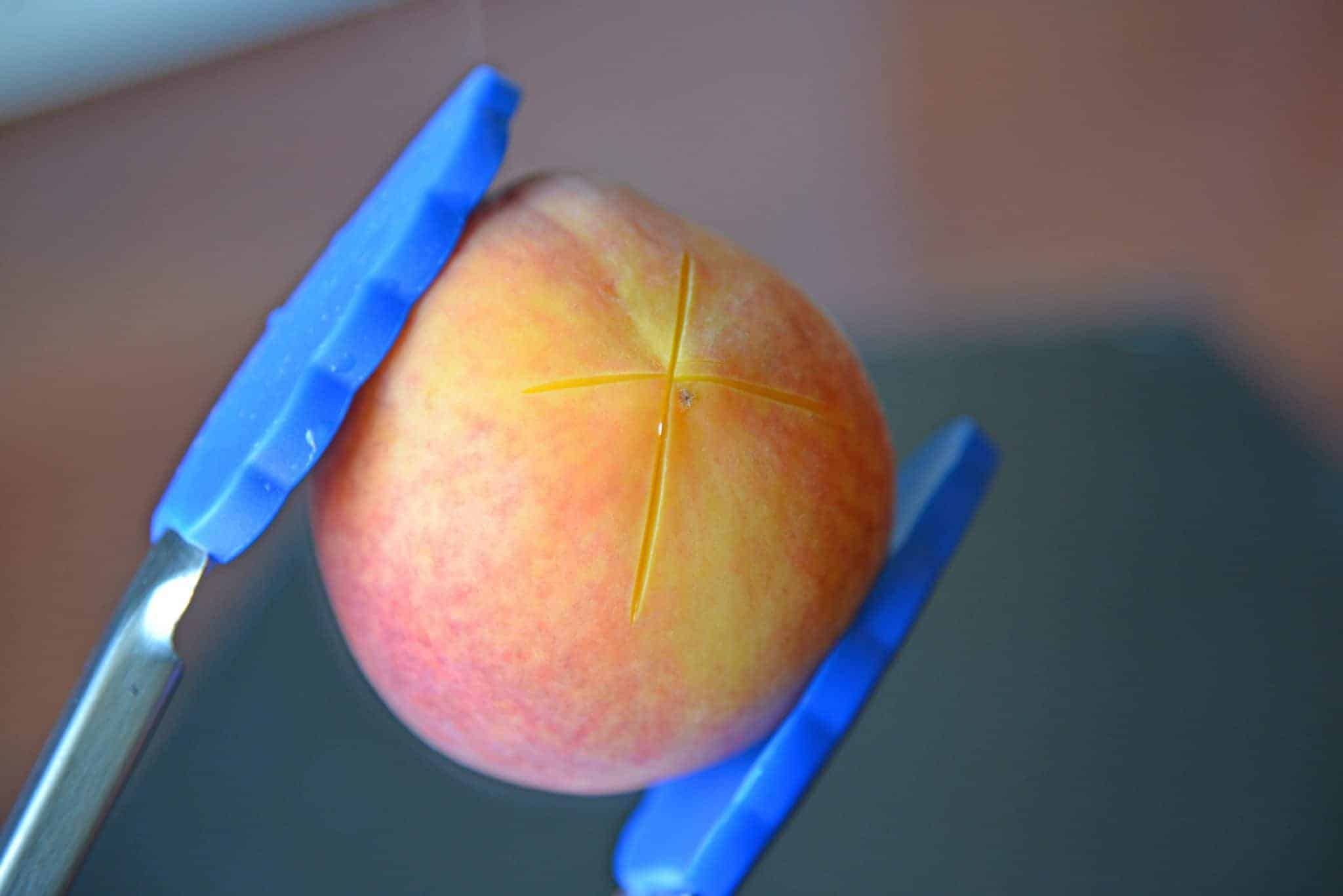 Learn how to peel a peach in just a minute! Super easy without cooking the peach. Perfect for sauces, salads, pies, cobblers and salsas! #howtopeelapeach #peelingpeaches www.savoryexperiments.com 