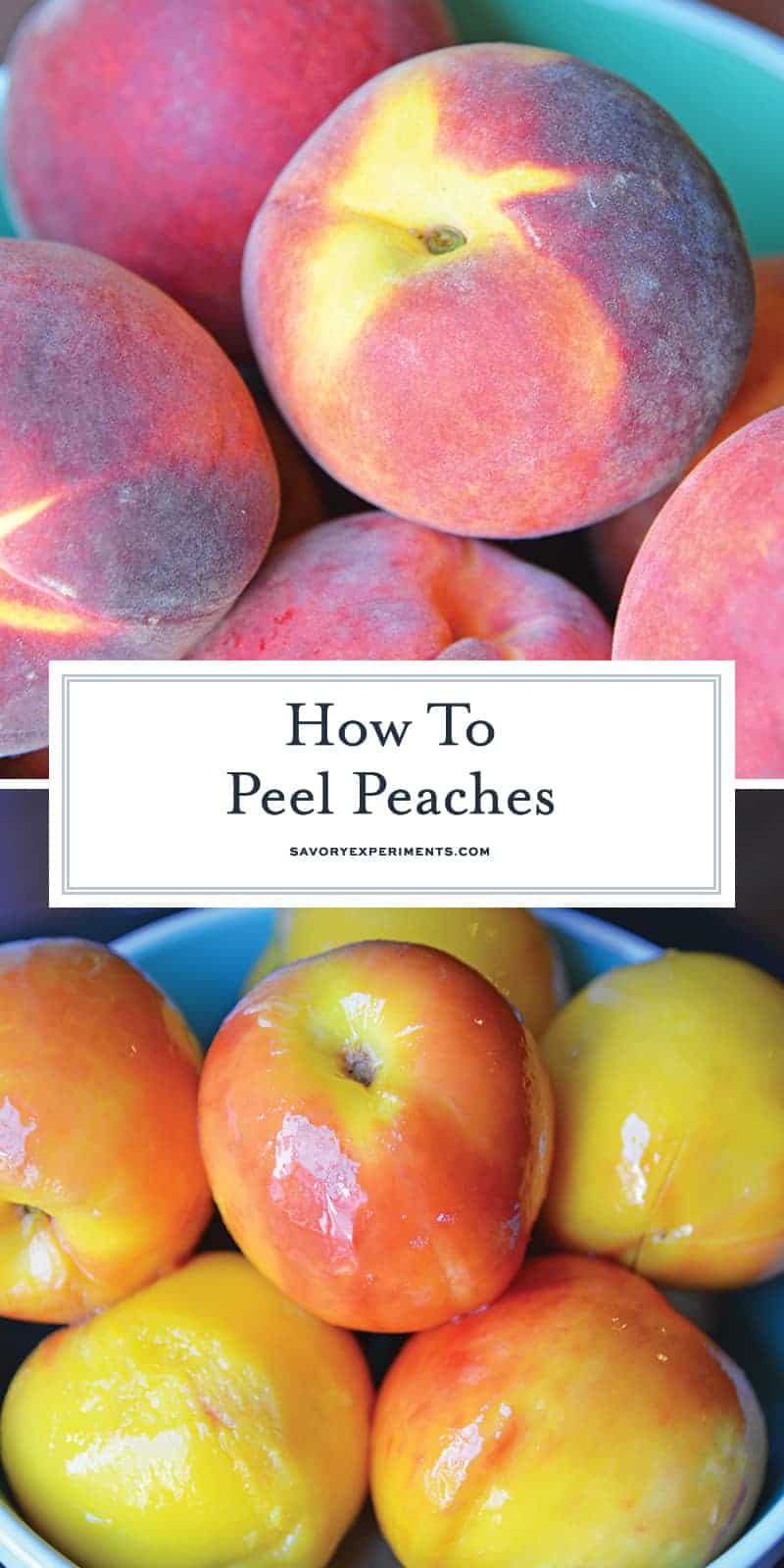 Learn how to peel a peach in just a minute! Super easy without cooking the peach. Perfect for sauces, salads, pies, cobblers and salsas! #howtopeelapeach #peelingpeaches www.savoryexperiments.com 