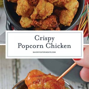 This Popcorn Chicken Recipe is a simple and easy to make deliciously crispy popcorn chicken bites at home. Great for game days, parties or even lunch! #popcornchicken #howtomakepopcornchicken www.savoryexperiments.com