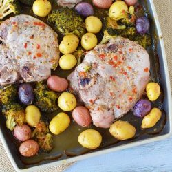 Sheet pan pork chops with rainbow potatoes