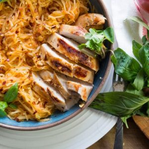 Roasted red pepper spaghetti squash pasta with chicken