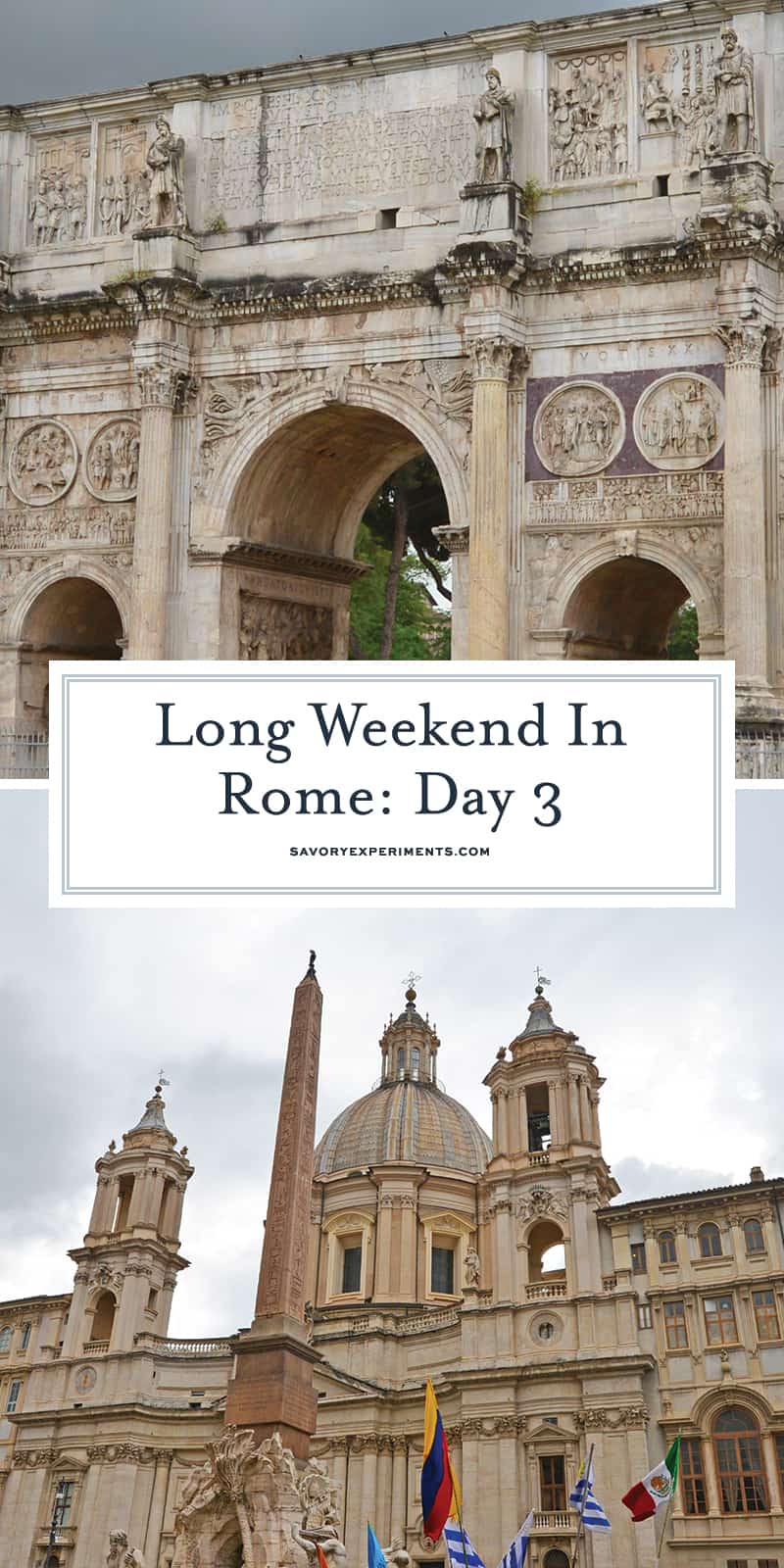 Day 3 of your Rome walk tour covers the Colosseum, Roman Forum, Palatine Hill, Arch of Constantine. Walk with the gladiators! #romewalkingtour #romeitaly www.savoryexperiments.com