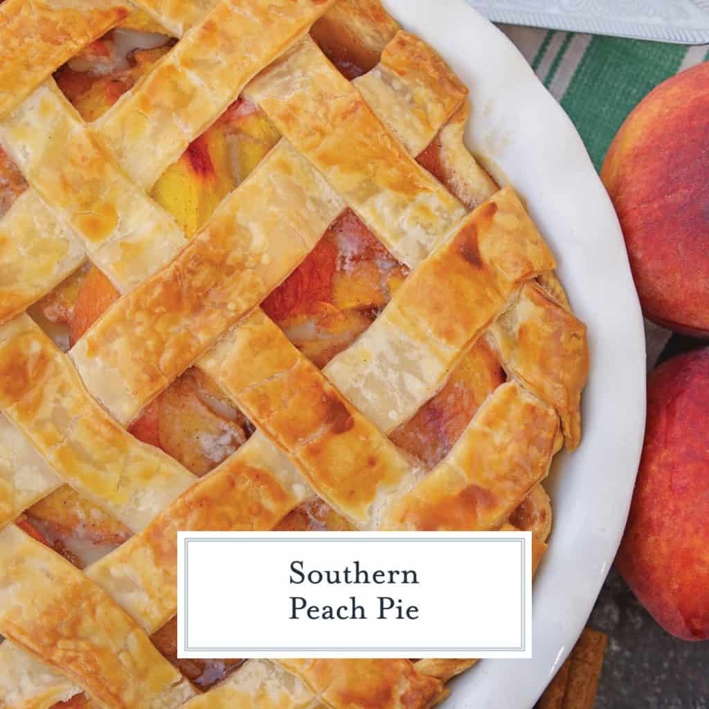 Southern Peach Pie a traditional peach pie using fresh peaches baked in a flaky, buttery lattice crust. #southernpeachpie #peachpie www.savoryexerperiments.com