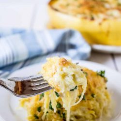 Spaghetti squash alfredo on a fork