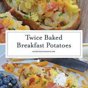 Twice Baked Breakfast Potatoes use leftover potatoes with scrambled eggs, cheddar cheese, chives, sour cream and BACON for the perfect easy breakfast recipe. #breakfastpotatoes www.savoryexperiments.com