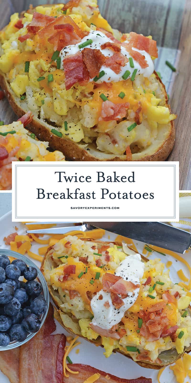 Twice Baked Breakfast Potatoes use leftover potatoes with scrambled eggs, cheddar cheese, chives, sour cream and BACON for the perfect easy breakfast recipe. #breakfastpotatoes www.savoryexperiments.com