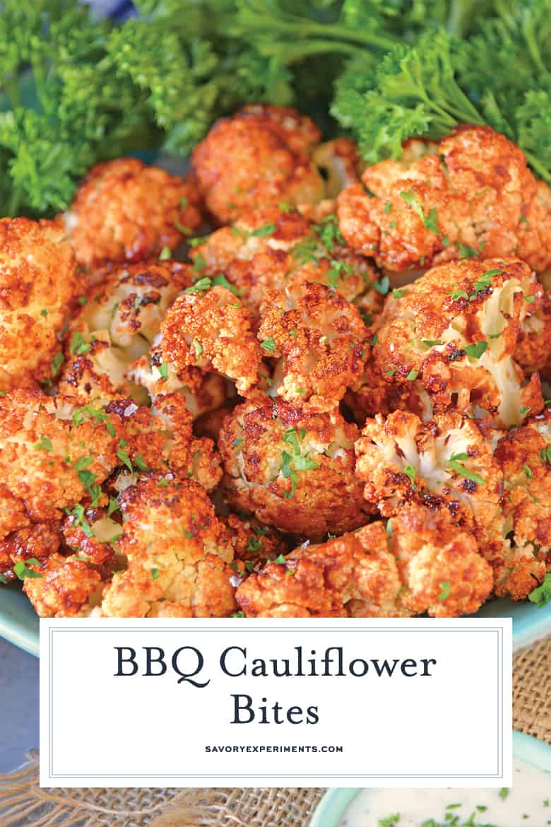 BBQ Cauliflower Bites on a blue serving platter