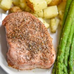 Brown sugar pork chops with potatoes and asparagus