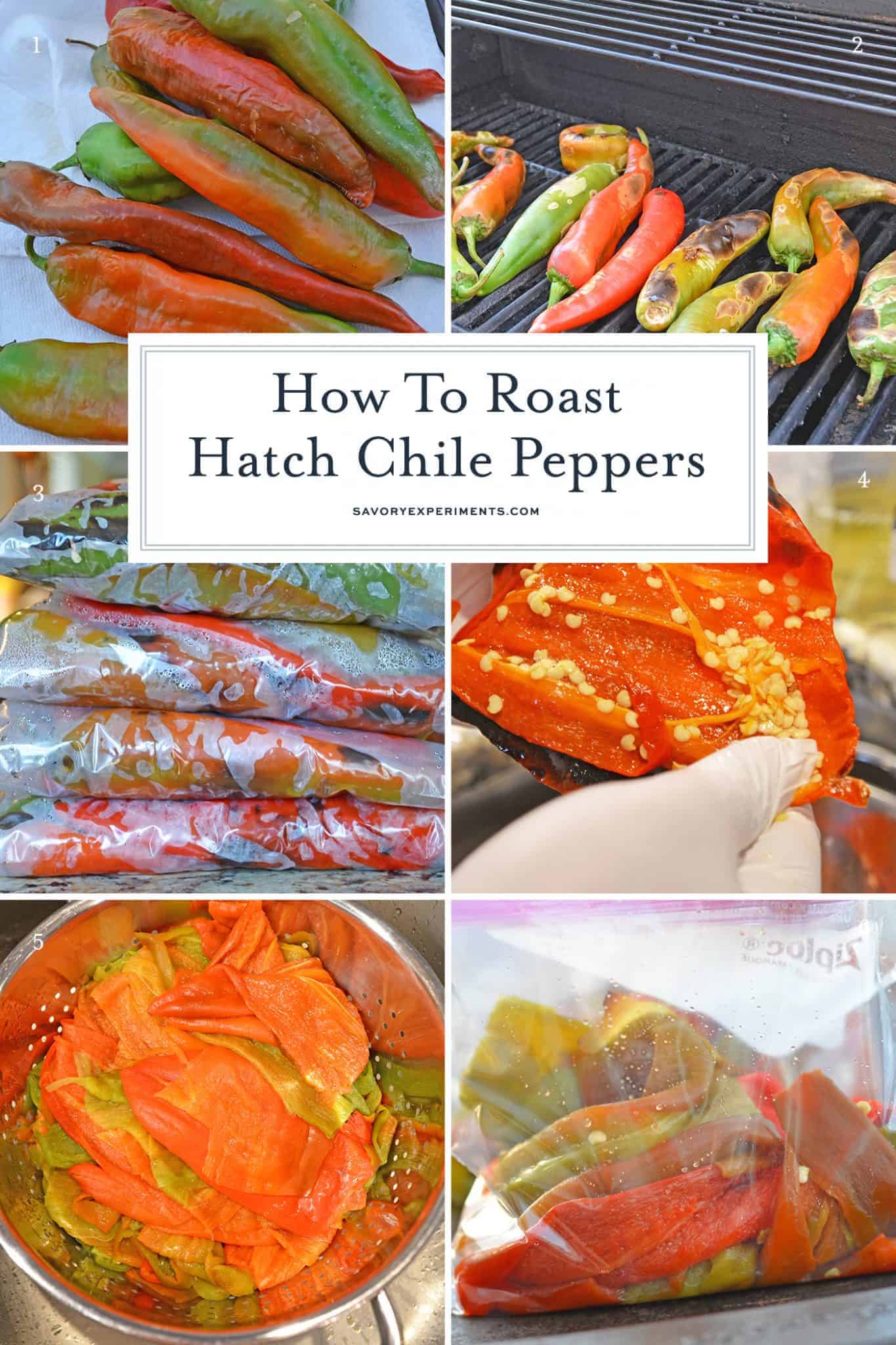 Step-by-step instructions with pictures on how to roast Hatch chile peppers. Roast, peel and seed super easy! #howtoroasthatchchilepeppers #hatchchile www.savoryexperiments.com 