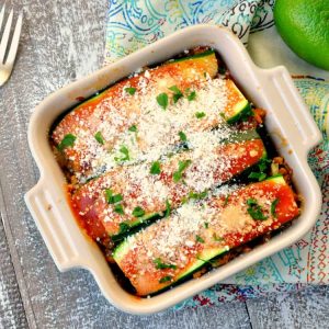 Mexican zucchini lasagna in a white dish