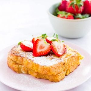Brioche french toast topped with strawberries