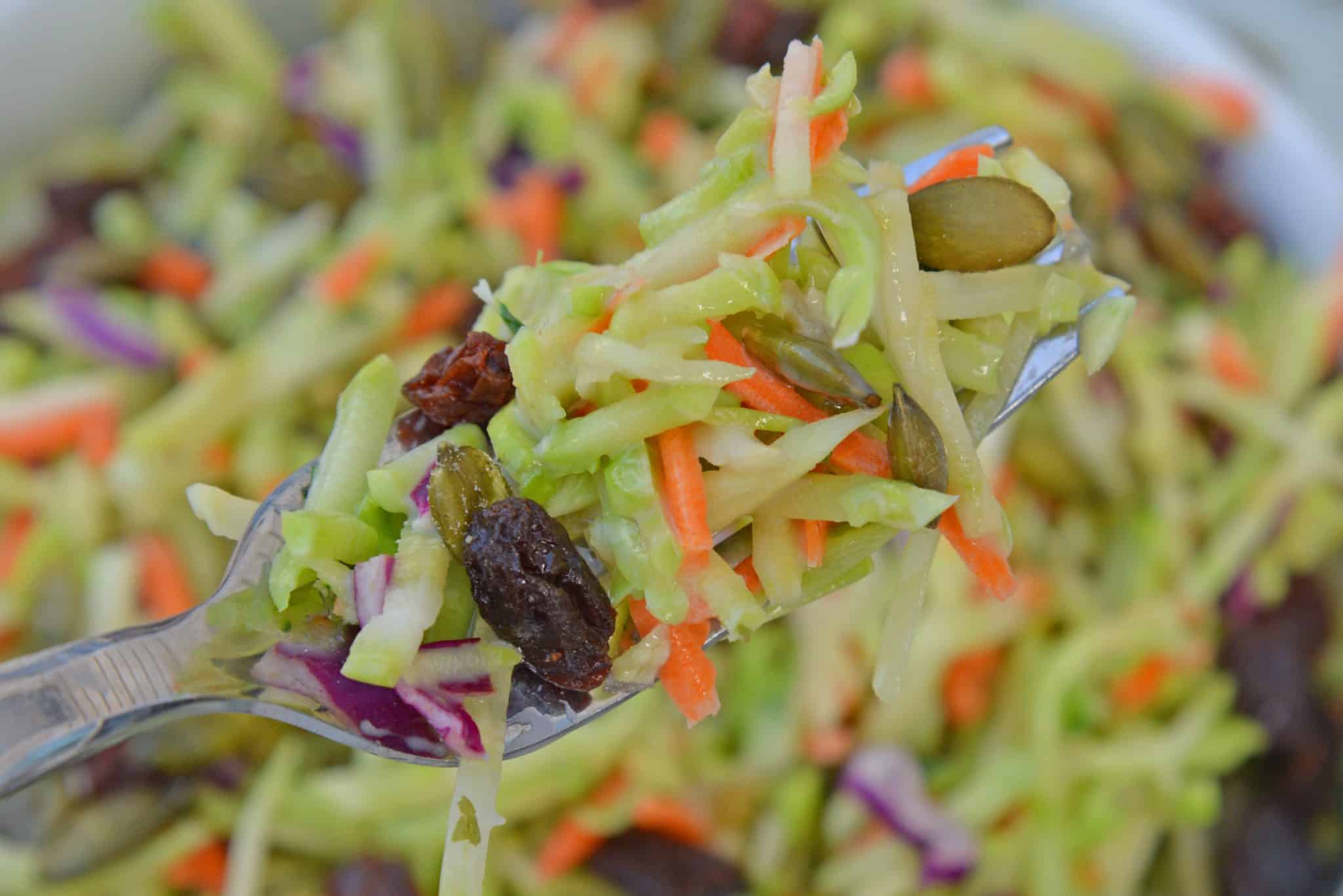 This Crunchy Broccoli Slaw Salad is made with a bagged broccoli slaw and a few extra ingredients for a quick, easy and tasty side salad! #broccolislaw #broccolisalad www.savoryexperiments.com