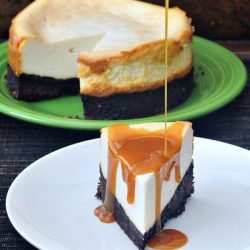 Brownie bottomed cheesecake with drizzled caramel