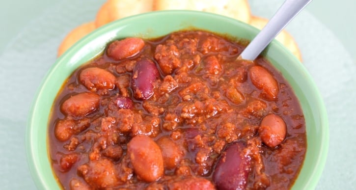 Copycat Wendy's chili in a blue bowl
