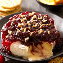 angled shot of cranberry baked brie