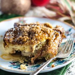 Eggnog french toast on a plate with a fork