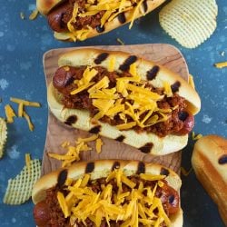 Hot dog chili on grilled hot dogs