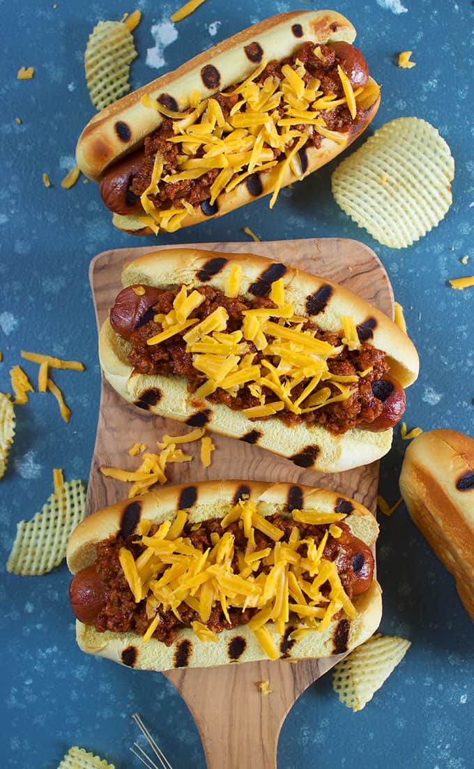 Hot dog chili on grilled hot dogs