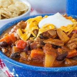 Pineapple Black Bean Chili in a blue bowl