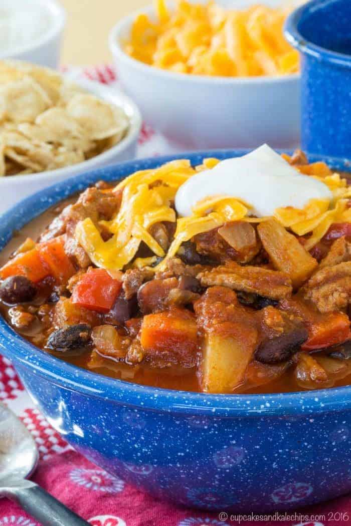 Pineapple Black Bean Chili in a blue bowl