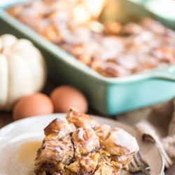 Pumpkin french toast casserole in a blue baking dish