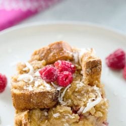 Raspberry coconut french toast on a white plate