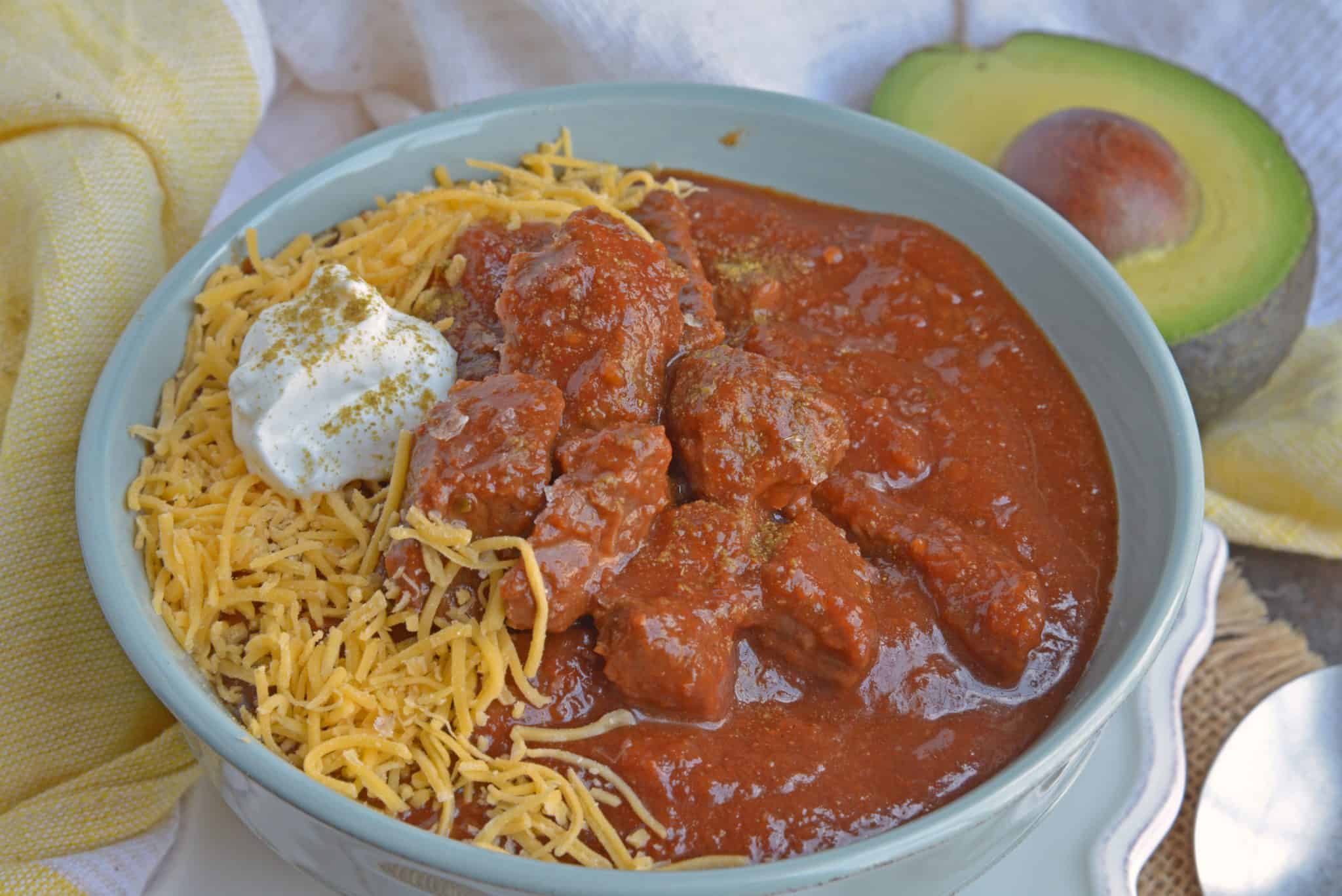 Red beef chili topped with shredded cheese