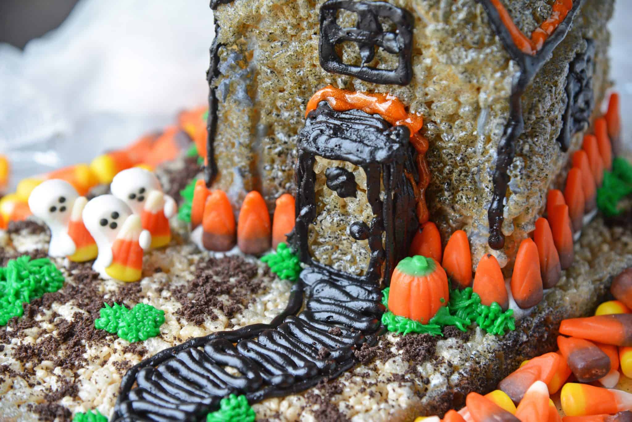 close up of door on rice krispie treat haunted house 