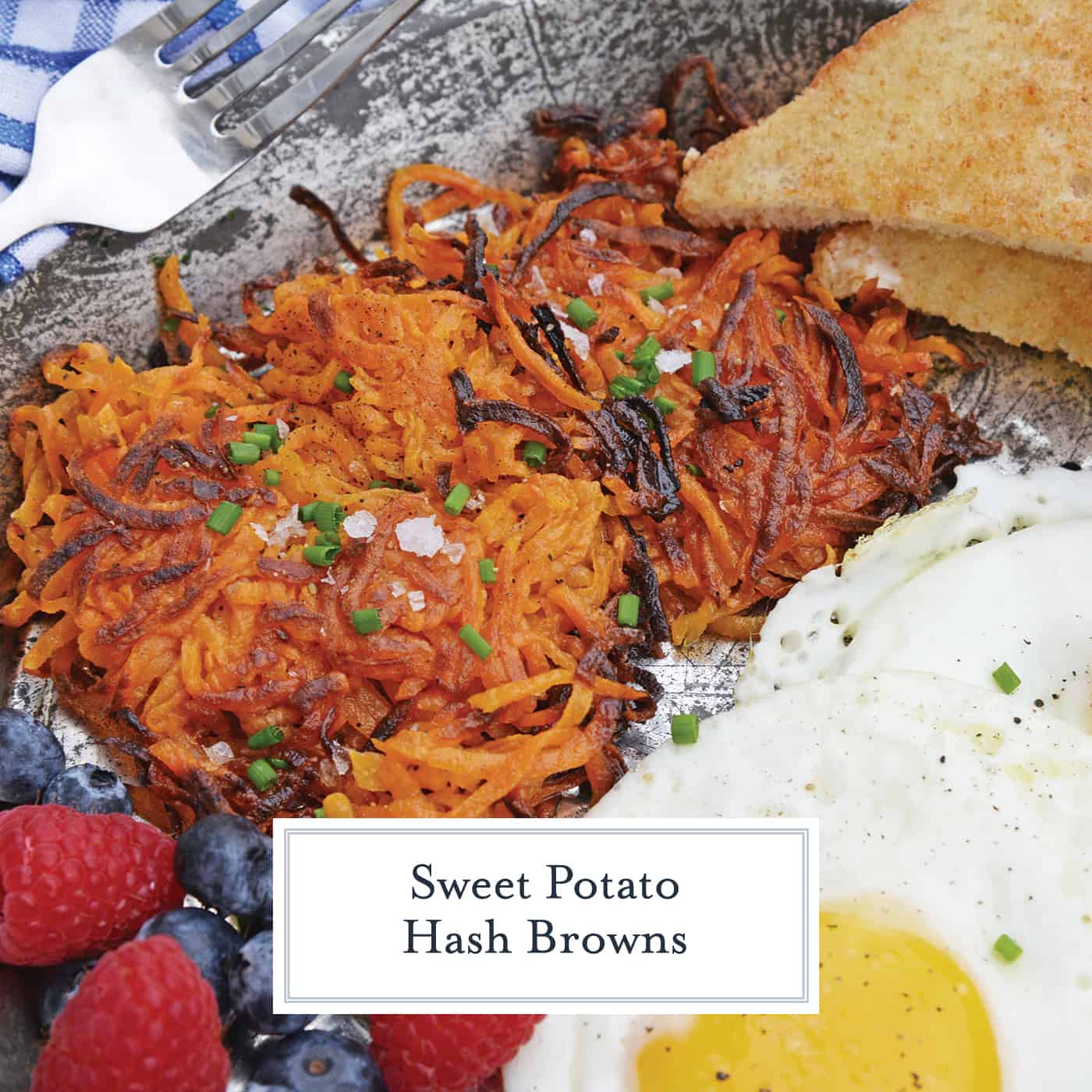 Sweet Potato Hash Browns are a simple breakfast recipe made with shredded sweet potatoes. Only 3 ingredients and a few minutes to cook! #sweetpotatohashbrowns #shreddedsweetpotatoes www.savoryexperiments.com