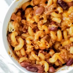 Chili mac in a white bowl