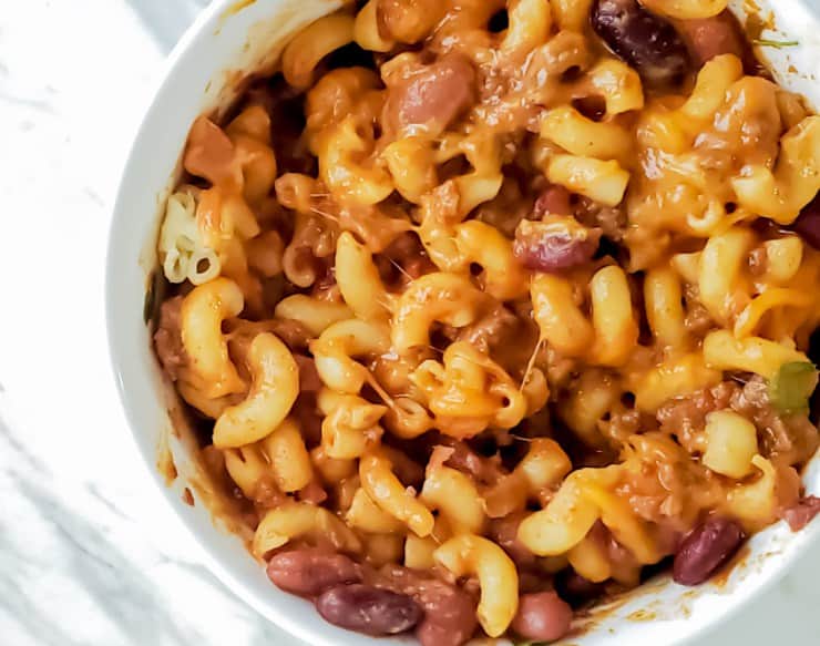 Chili mac in a white bowl