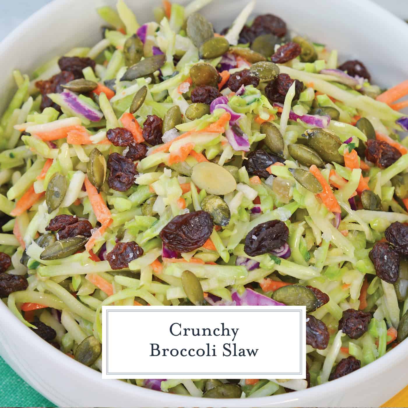 This Crunchy Broccoli Slaw Salad is made with a bagged broccoli slaw and a few extra ingredients for a quick, easy and tasty side salad! #broccolislaw #broccolisalad www.savoryexperiments.com