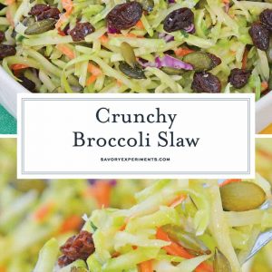 This Crunchy Broccoli Slaw Salad is made with a bagged broccoli slaw and a few extra ingredients for a quick, easy and tasty side salad! #broccolislaw #broccolisalad www.savoryexperiments.com