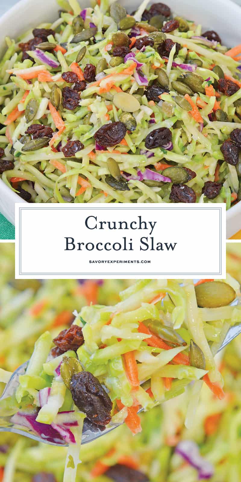 This Crunchy Broccoli Slaw Salad is made with a bagged broccoli slaw and a few extra ingredients for a quick, easy and tasty side salad! #broccolislaw #broccolisalad www.savoryexperiments.com