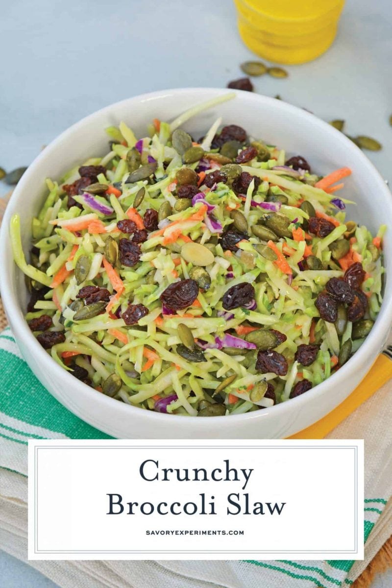 This Crunchy Broccoli Slaw Salad is made with a bagged broccoli slaw and a few extra ingredients for a quick, easy and tasty side salad! #broccolislaw #broccolisalad www.savoryexperiments.com