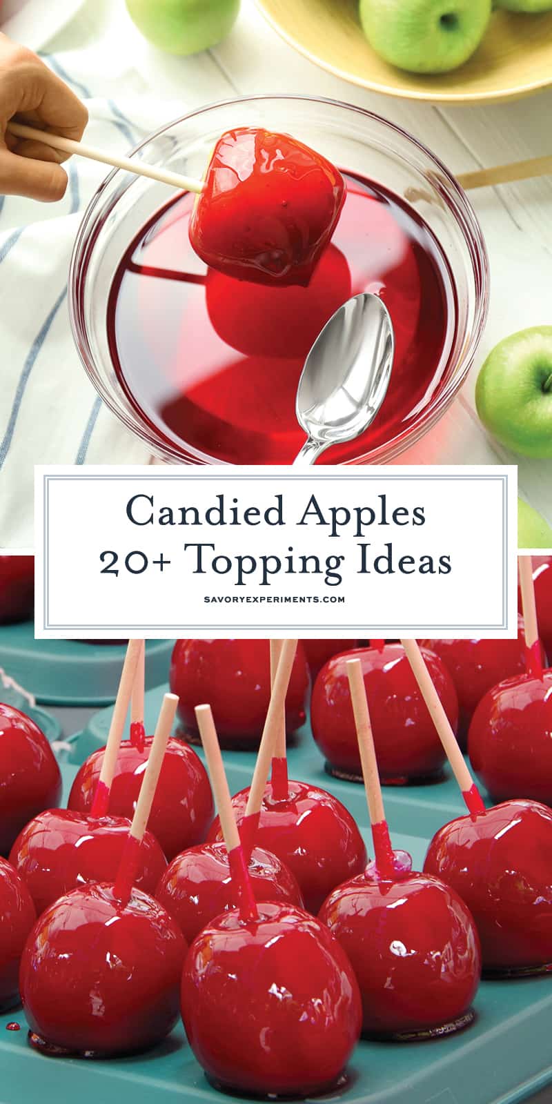 The classic candied apple is a beautifully colorful, glassy red apple. A lollipop candy coating with lush and slightly sour crunchy apple inside. #candiedapples www.savoryexperiments.com