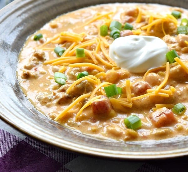 Pumpkin chili in a gray bowl